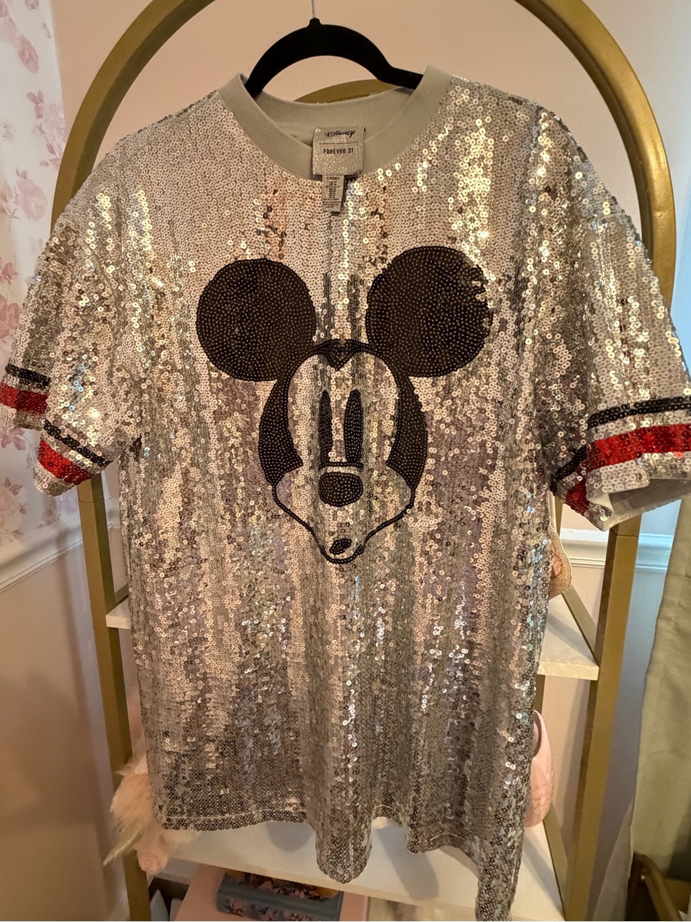Forever 21 Silver Sequin Short Sleeve Mickey Tee with Black & Red Details